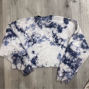 Blue Tie Dye Oversized Raw Hem Cropped Sweatshirt